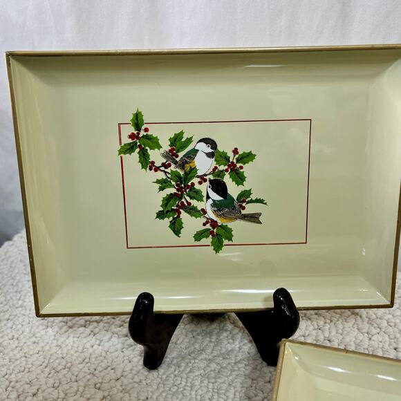 Gibson Greetings Chickadees & Holly Otagiri Lacquerware Snack Tray Set of 8 VTG - Picture 2 of 11